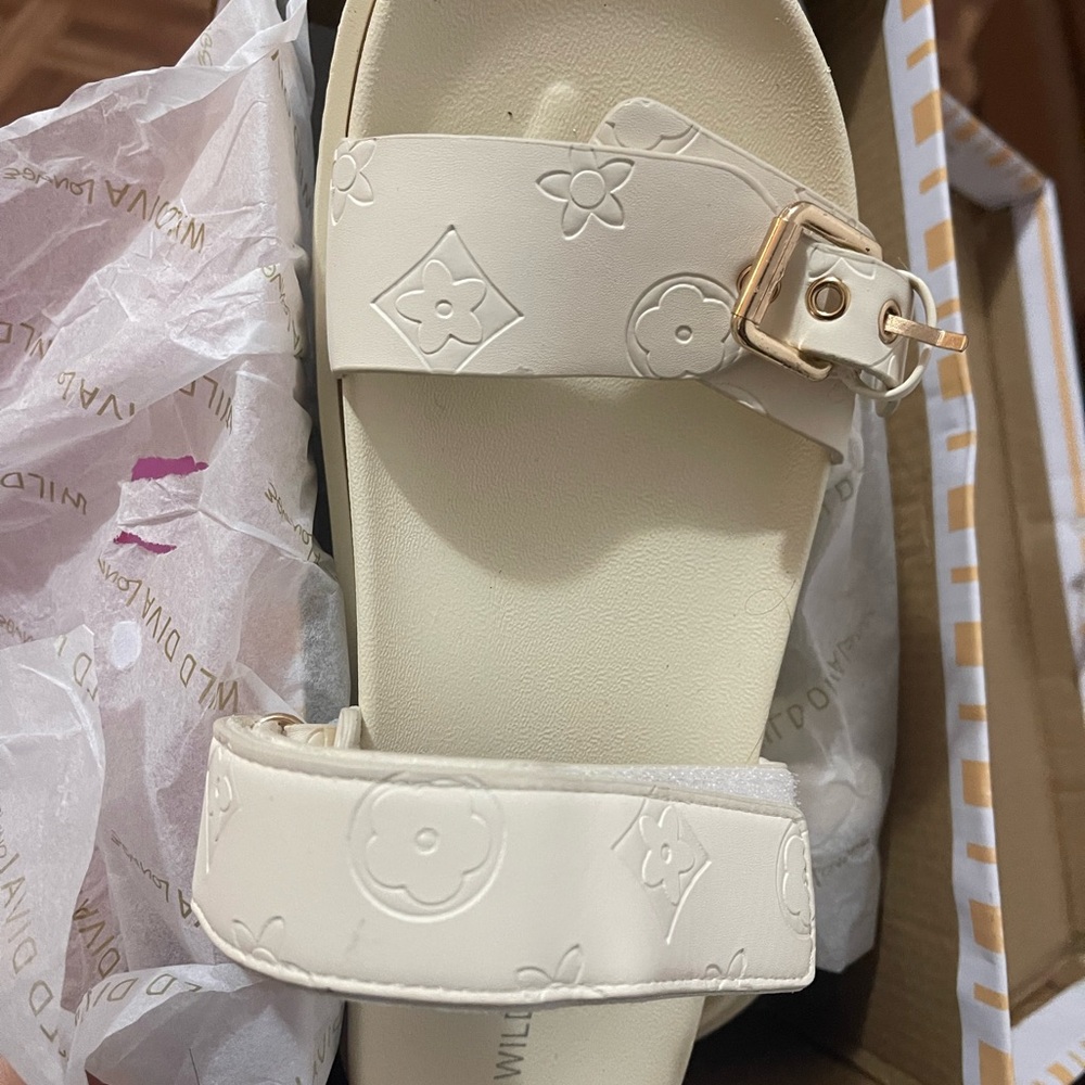 Cream Embossed Slide Sandals